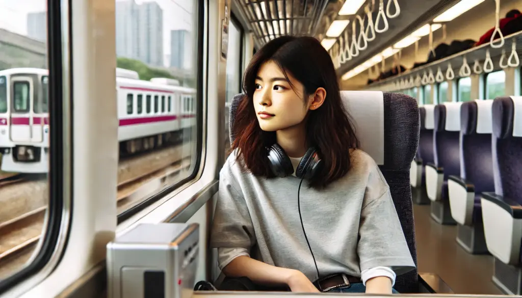 DALL·E 2024-11-02 13.54.17 - 1. Image of a Japanese teenage girl sitting in a train seat, traveling from Seoul to Incheon International Airport. The background shows a modern trai