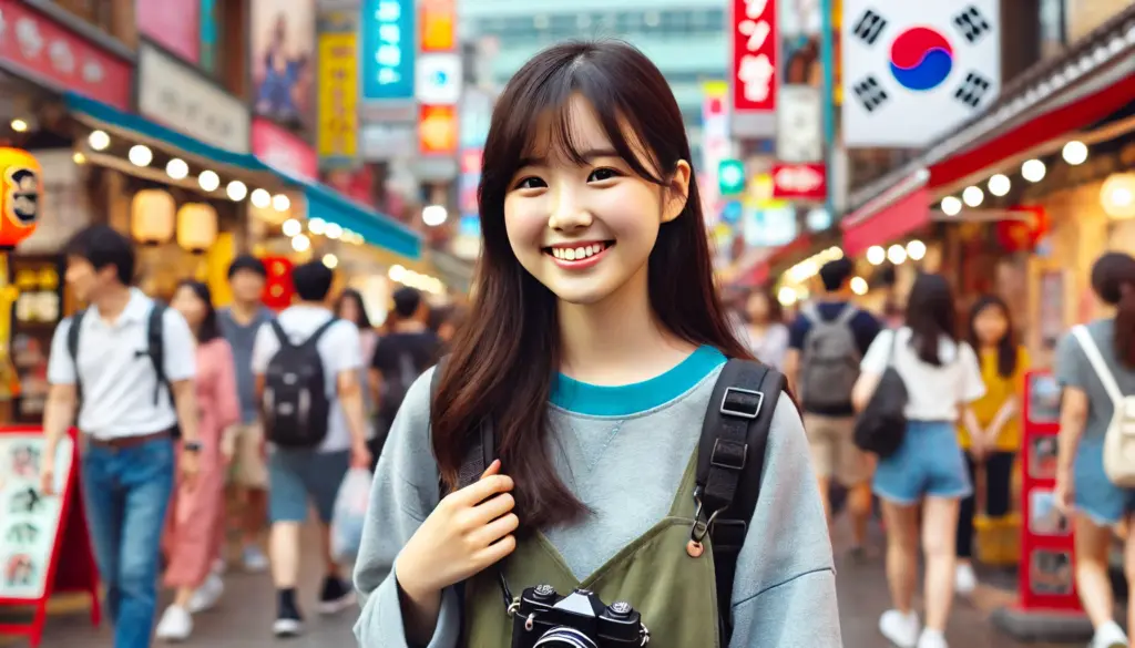 DALL·E 2024-11-14 18.52.18 - A Japanese couple enjoying a romantic travel experience in Myeongdong, Seoul, South Korea. They are smiling, walking hand-in-hand through bustling sho